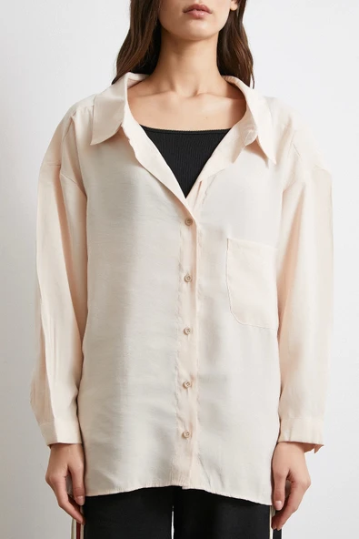 Oversize Cepli Modal Gömlek Bej - Resim 4