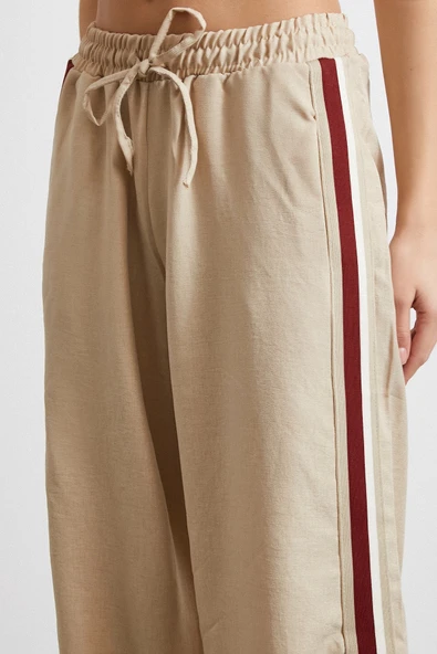 Beli Lastikli Çift Şeritli Pantolon Bej - 5