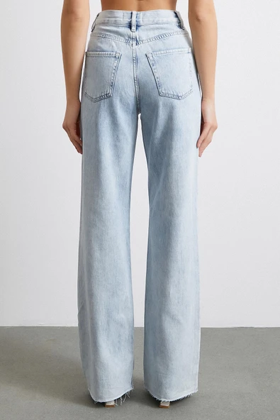 Yüksek Bel Likralı Kesik Paça Jean Buz Mavisi - 6