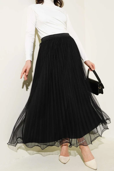 Bel Lastikli Pileli Fırfırlı Tül Etek Siyah ürün görseli 1