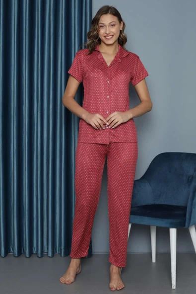 Puantiyeli Gömlek Yaka Kısa Kol Pijama Takım Gül Kurusu - Resim 2