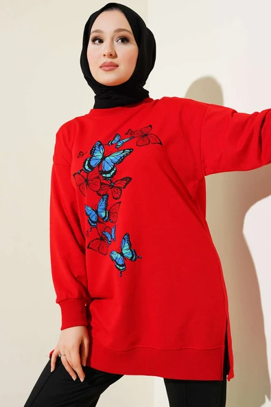 Kelebek Baskılı İki İplik Tunik Kırmızı