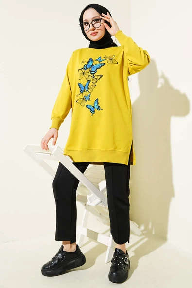 Kelebek Baskılı İki İplik Tunik Yağ Yeşili - Resim 2