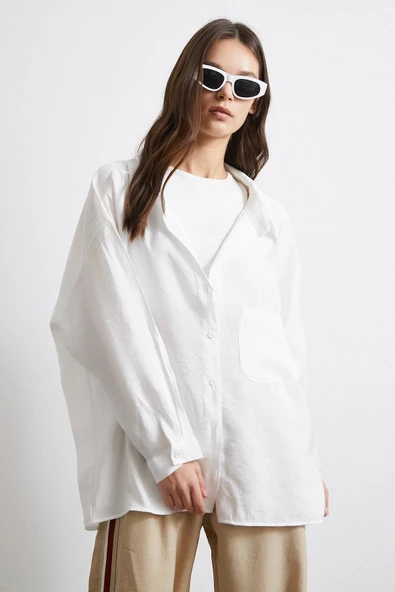 Oversize Cepli Modal Gömlek Beyaz - Resim 3