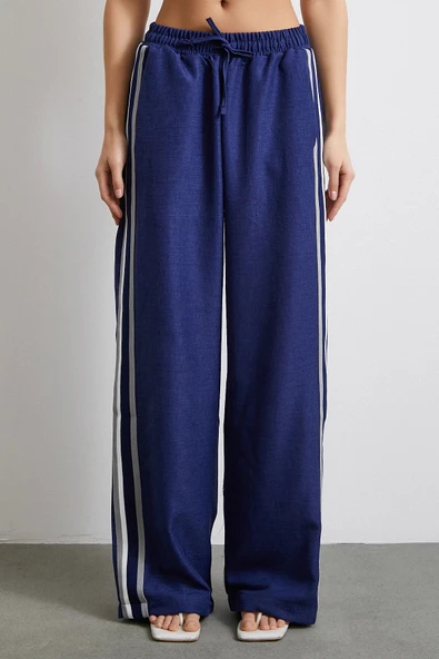 Beli Lastikli Çift Şeritli Pantolon Saks - 4