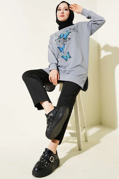 Kelebek Baskılı İki İplik Tunik Kayrak Grisi - Resim 2