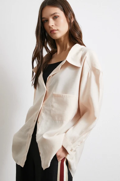 Oversize Cepli Modal Gömlek Bej ürün görseli