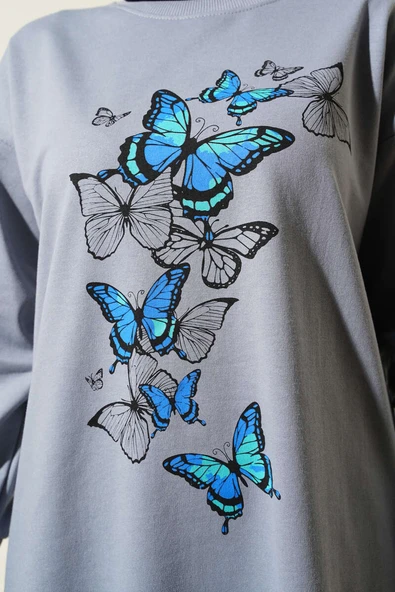 Kelebek Baskılı İki İplik Tunik Kayrak Grisi - Resim 4