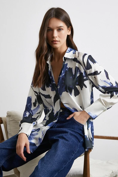 Saten Yüzeyli Desenli Gömlek Lacivert - Resim 2