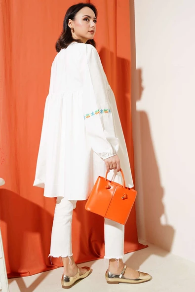 Önü Nakışlı Püskül İpli Tunik Oranj - Resim 3