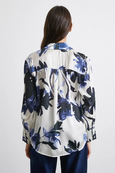 Saten Yüzeyli Desenli Gömlek Lacivert - Resim 3