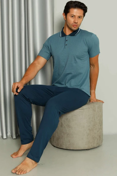 Gömlek Yaka Desenli Kısa Kol Erkek Pijama Takım Mavi ürün görseli 1
