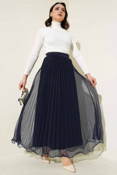 Fırfırlı Pileli Tül Etek Lacivert - 2