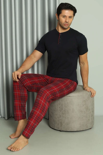 Üç Düğmeli Ekoseli Kısa Kol Erkek Pijama Takım Lacivert