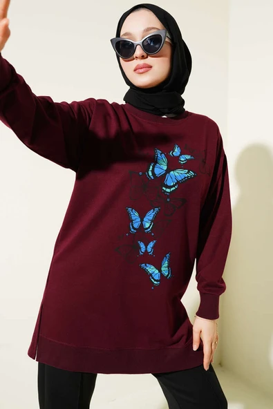 Kelebek Baskılı İki İplik Tunik Bordo