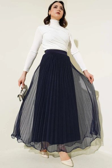 Bel Lastikli Pileli Fırfırlı Tül Etek Lacivert - 2