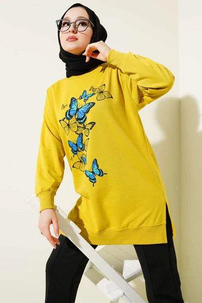 Kelebek Baskılı İki İplik Tunik Yağ Yeşili ürün görseli 1