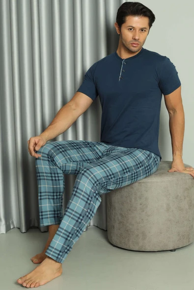 Üç Düğmeli Ekoseli Kısa Kol Erkek Pijama Takım İndigo