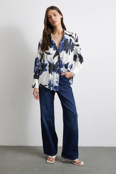 Saten Yüzeyli Desenli Gömlek Lacivert - Resim 4