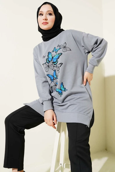 Kelebek Baskılı İki İplik Tunik Kayrak Grisi ürün görseli