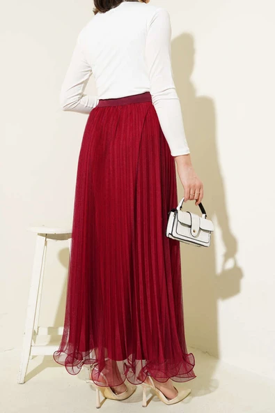 Bel Lastikli Pileli Fırfırlı Tül Etek Bordo - 3