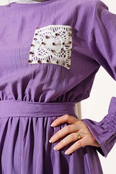 Taşlı Dantel Cepli Bel Lastikli Elbise Lila - Resim 4