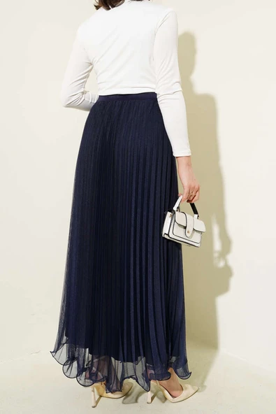 Bel Lastikli Pileli Fırfırlı Tül Etek Lacivert - 3