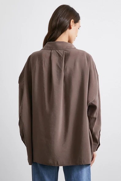 Oversize Cepli Modal Gömlek Kahve - Resim 6