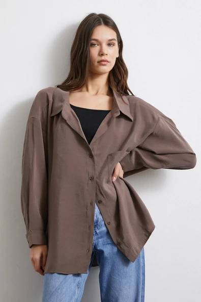 Oversize Cepli Modal Gömlek Kahve - Resim 4