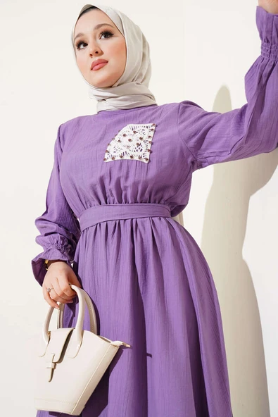 Taşlı Dantel Cepli Bel Lastikli Elbise Lila - Resim 2