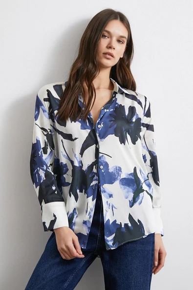 Saten Yüzeyli Desenli Gömlek Lacivert - Resim 6