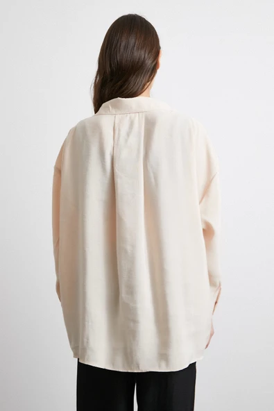 Oversize Cepli Modal Gömlek Bej - Resim 6