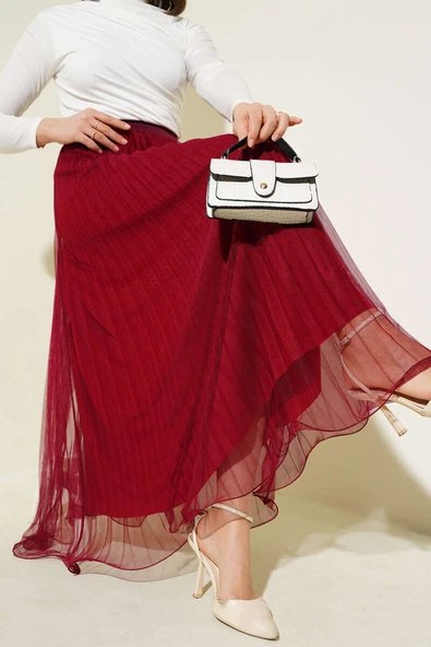 Bel Lastikli Pileli Fırfırlı Tül Etek Bordo