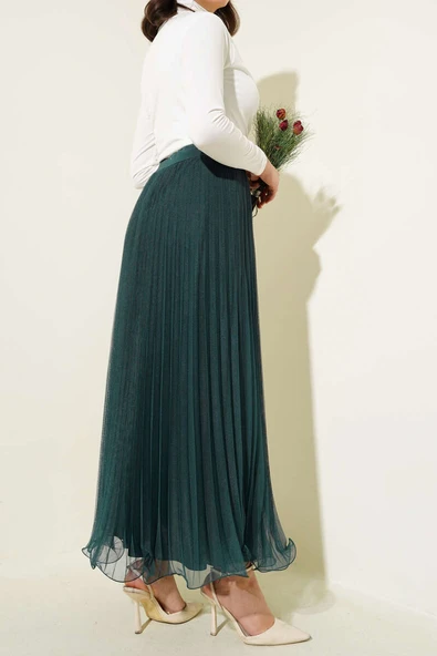 Bel Lastikli Pileli Fırfırlı Tül Etek Zümrüt - 3