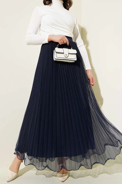 Bel Lastikli Pileli Fırfırlı Tül Etek Lacivert