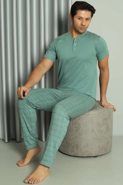 Omuz Ekoseli Kısa Kol Erkek Pijama Takım Yeşil