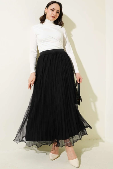 Bel Lastikli Pileli Fırfırlı Tül Etek Siyah - Resim 2