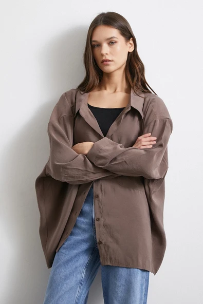 Oversize Cepli Modal Gömlek Kahve - Resim 3