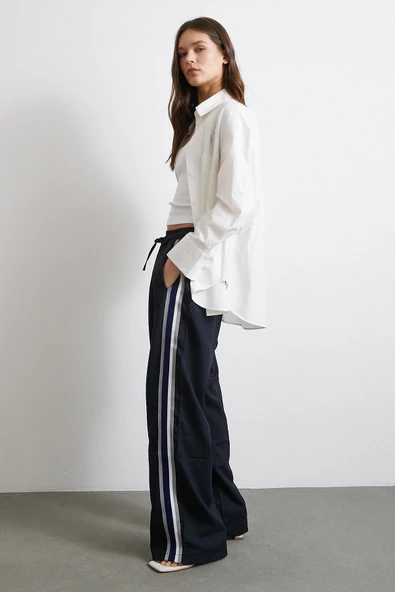 Beli Lastikli Çift Şeritli Pantolon Lacivert - 3