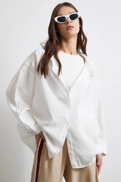 Oversize Cepli Modal Gömlek Beyaz - Resim 5