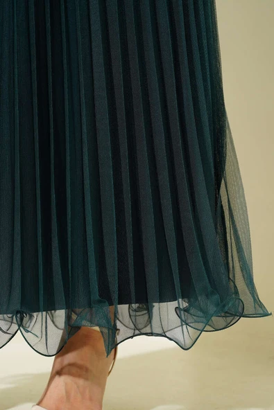 Bel Lastikli Pileli Fırfırlı Tül Etek Zümrüt - 4