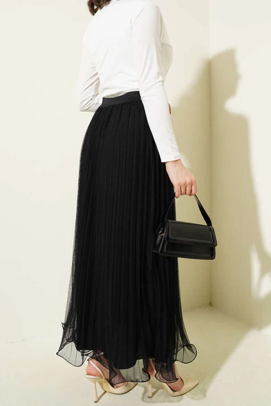 Bel Lastikli Pileli Fırfırlı Tül Etek Siyah - Resim 3