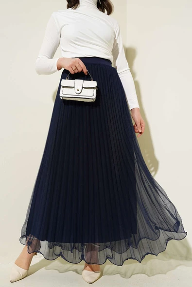 Fırfırlı Pileli Tül Etek Lacivert