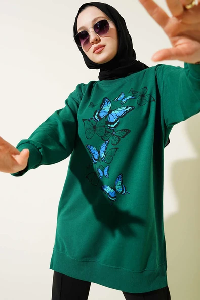 Kelebek Baskılı İki İplik Tunik Yeşil ürün görseli