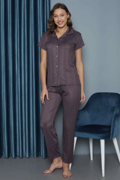 Puantiyeli Gömlek Yaka Kısa Kol Pijama Takım Mürdüm