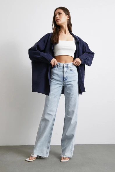 Yüksek Bel Likralı Kesik Paça Jean Buz Mavisi - 2