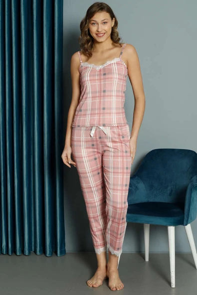 İp Askılı Ekose Desenli Pijama Takımı Pudra - 1