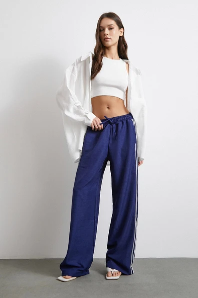Beli Lastikli Çift Şeritli Pantolon Saks - 2