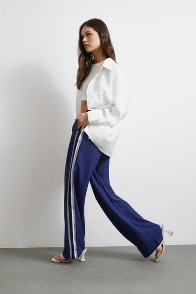 Beli Lastikli Çift Şeritli Pantolon Saks - 3