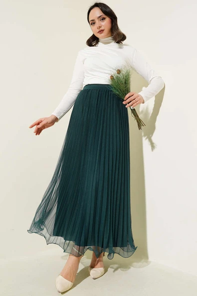 Bel Lastikli Pileli Fırfırlı Tül Etek Zümrüt - 2